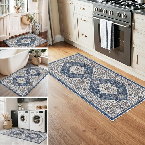 Farmhouse 4-Piece Non-Slip Kitchen Floor Mats by Washable | Easy Clean Water-Resistant Rugs - Blue