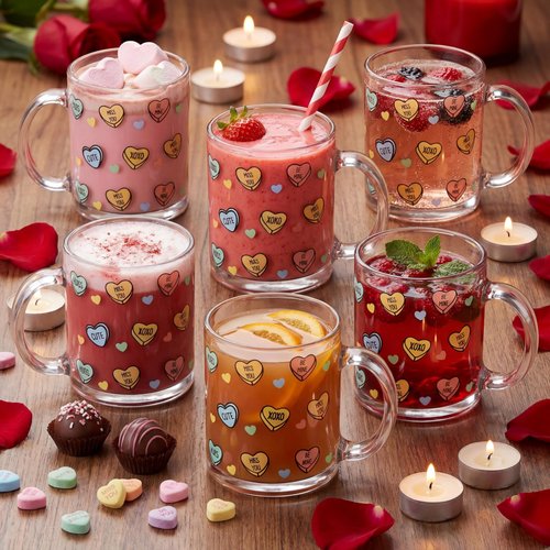 Maxcheck 6 Pack 12 oz Valentines Day Heart Glass Coffee Mugs with Handle Heart Glasses Cups Love Drinking Glasses for Valentine's Day Party Supplies Gifts