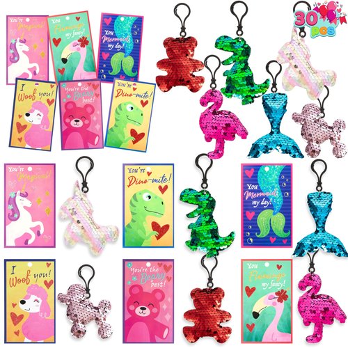JOYIN 30 Pack Valentines Day Gift Cards with Gift Glitter Flip Sequin Keychain for Valentine's Classroom Exchange Prizes, Kids Party Favors