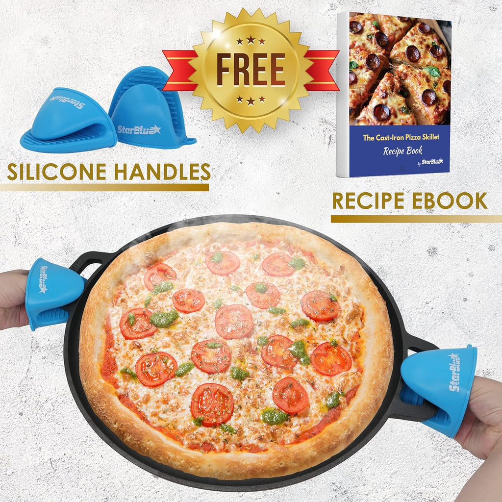 StarBlue 16-Inch Cast Iron Pizza Pan - Pre-Seasoned Griddle with Free Silicone Handles & Recipe Ebook | Perfect for Baking, BBQ, and Stovetop Cooking