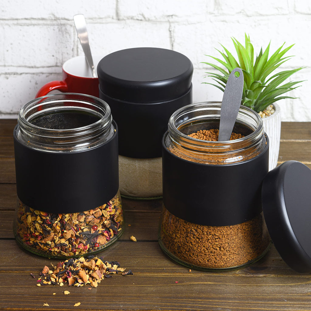 GADGETWIZ Sugar Tea Coffee Containers Set, Black Canisters for Kitchen, Stainless Steel Apothecary Jar, Home Décor Centerpiece Decorative Kitchen. 26 OZ