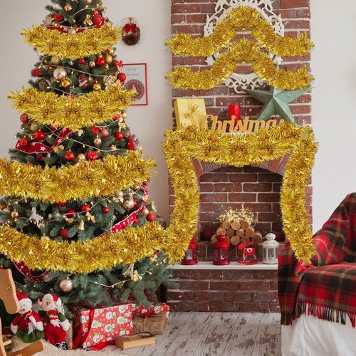 50FT Tinsel Christmas Garland Metallic Twist Garland Shiny Hanging Tinsel for Christmas Tree Party Supplies Indoor Outdoor Home Xmas Decoration (Gold)
