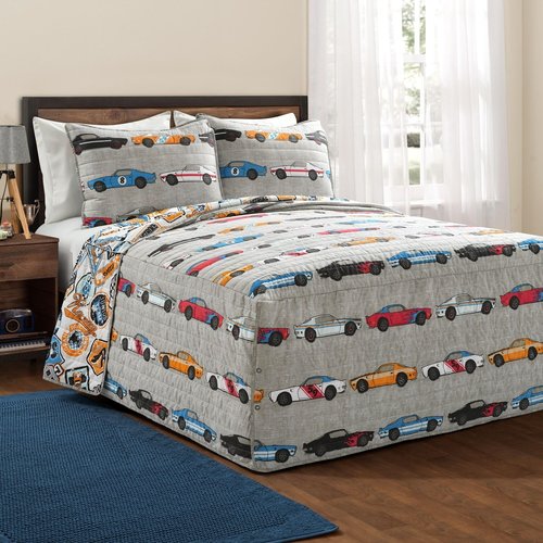 Lush Decor Navy Race Car Kids' 3-Piece Bedspread Set, Reversible Bedding Set for Boys (Full)