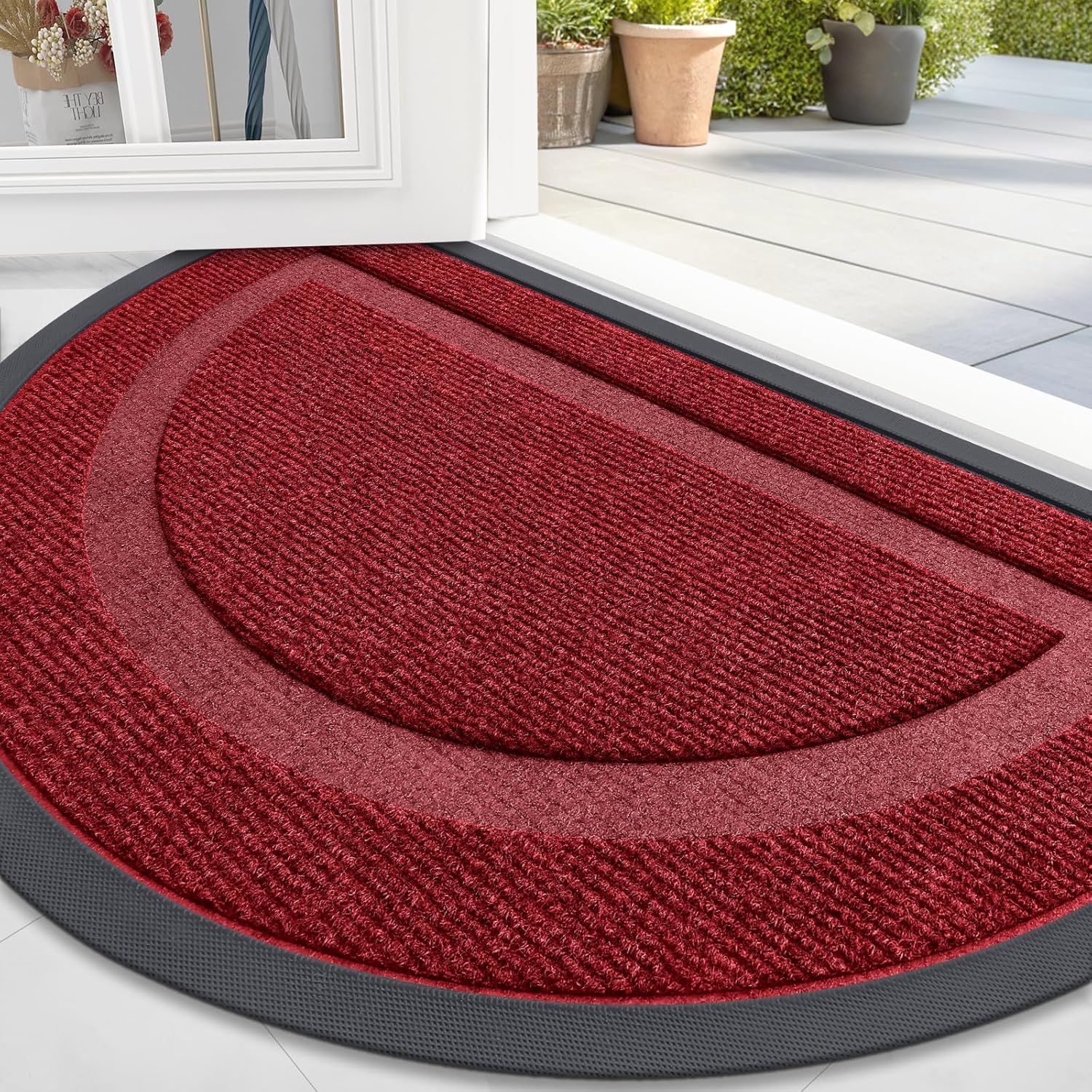 OLANLY Half Circle Door Mat - Waterproof All-Season Doormat for Indoor/Outdoor Use | 59x23, Wine Red
