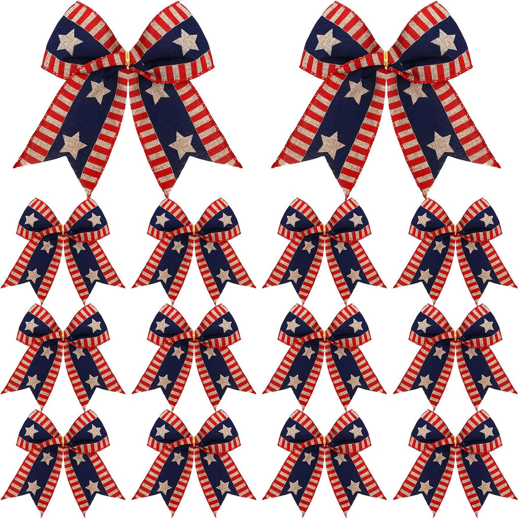 Skiennix 12 Pcs 6-Inch Patriotic Bows - Red, White & Blue Burlap Decor for 4th of July Celebrations