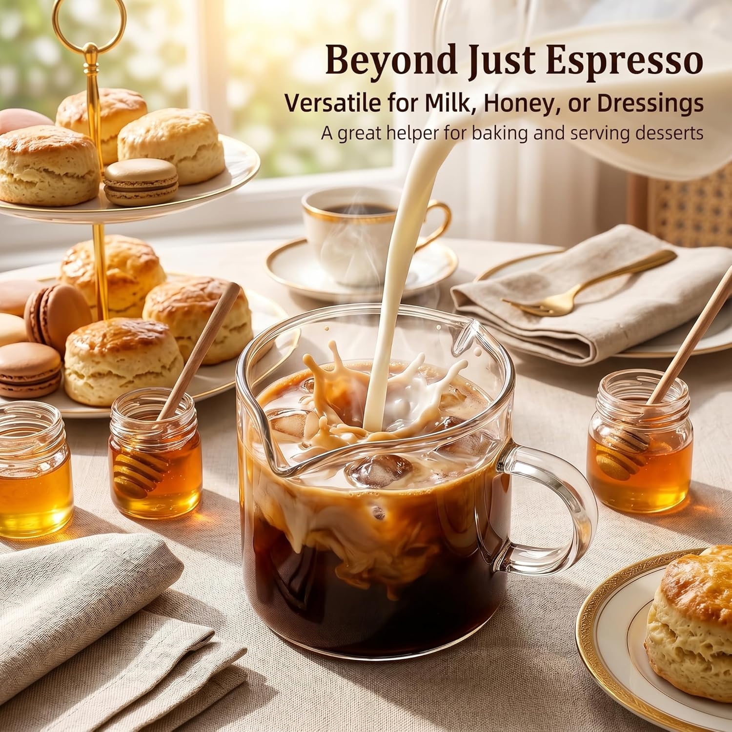 Skiennix Espresso Cups Set of 2 - Double Spout Clear Glass Shot Glasses with Handle | Perfect for Coffee & Desserts