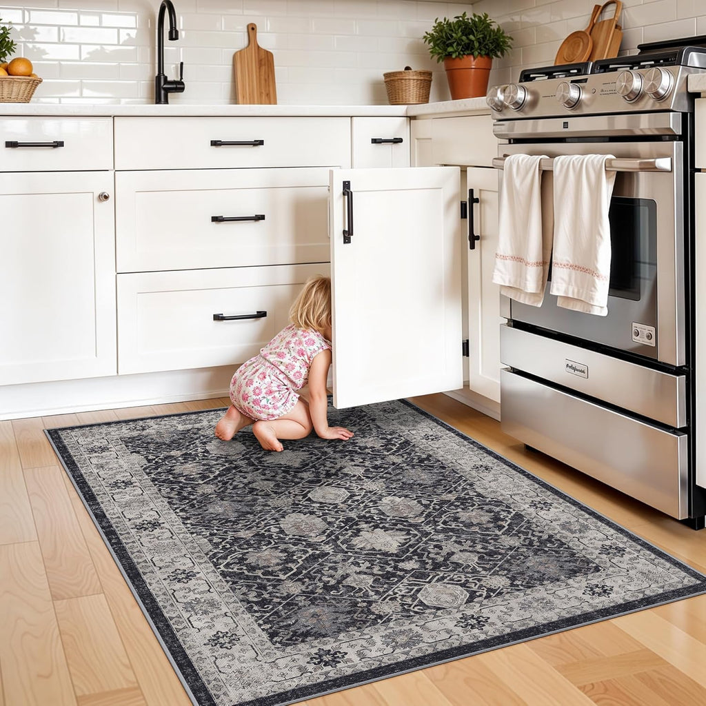 Skiennix Washable 3x4 Entryway Area Rug - Ultra Soft Low Pile Anti-Slip Carpet for Indoor Use | Black