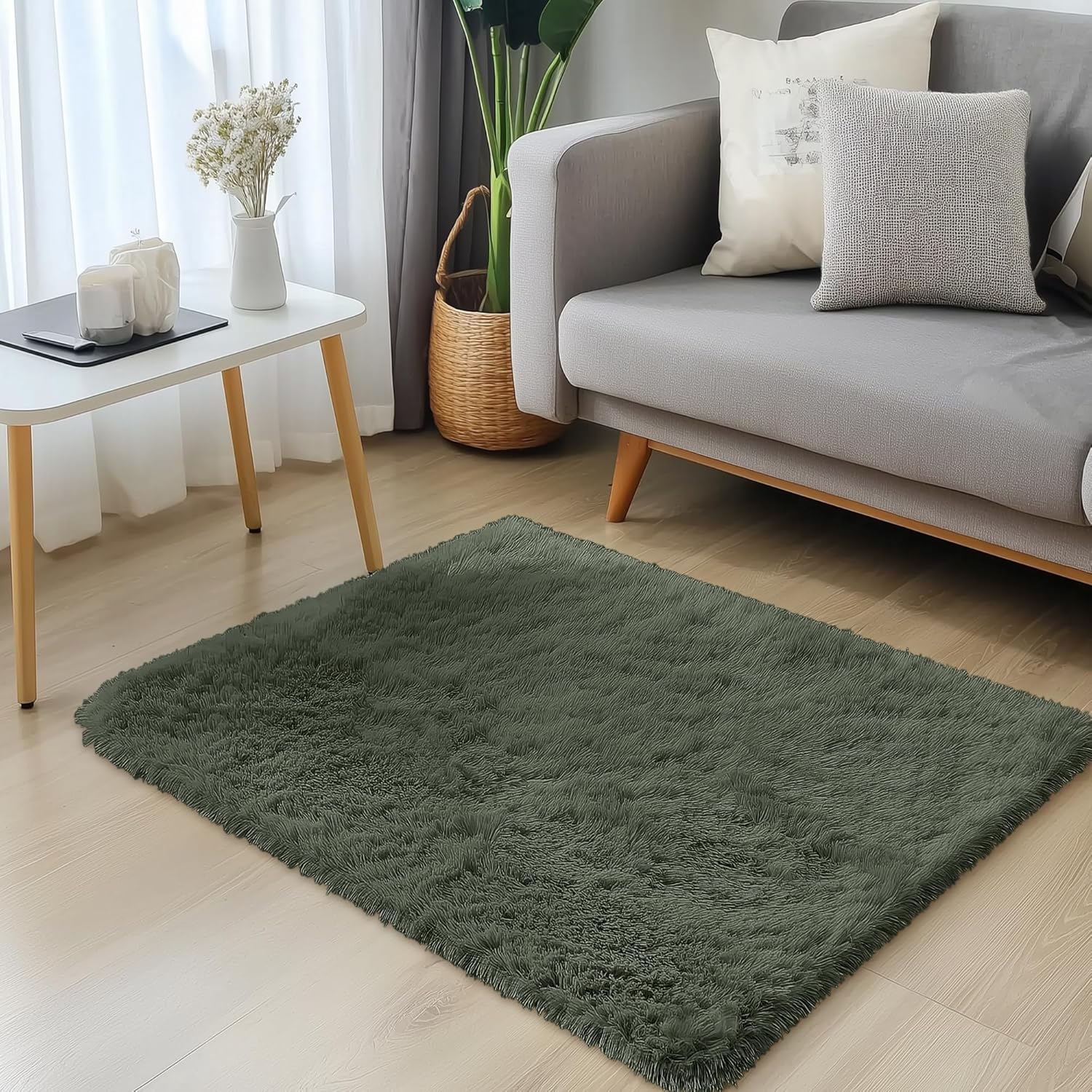 OLANLY Soft Fluffy Shaggy Bedside Rug - Machine Washable Indoor Carpet for Kids | Olive Green 2x3 ft