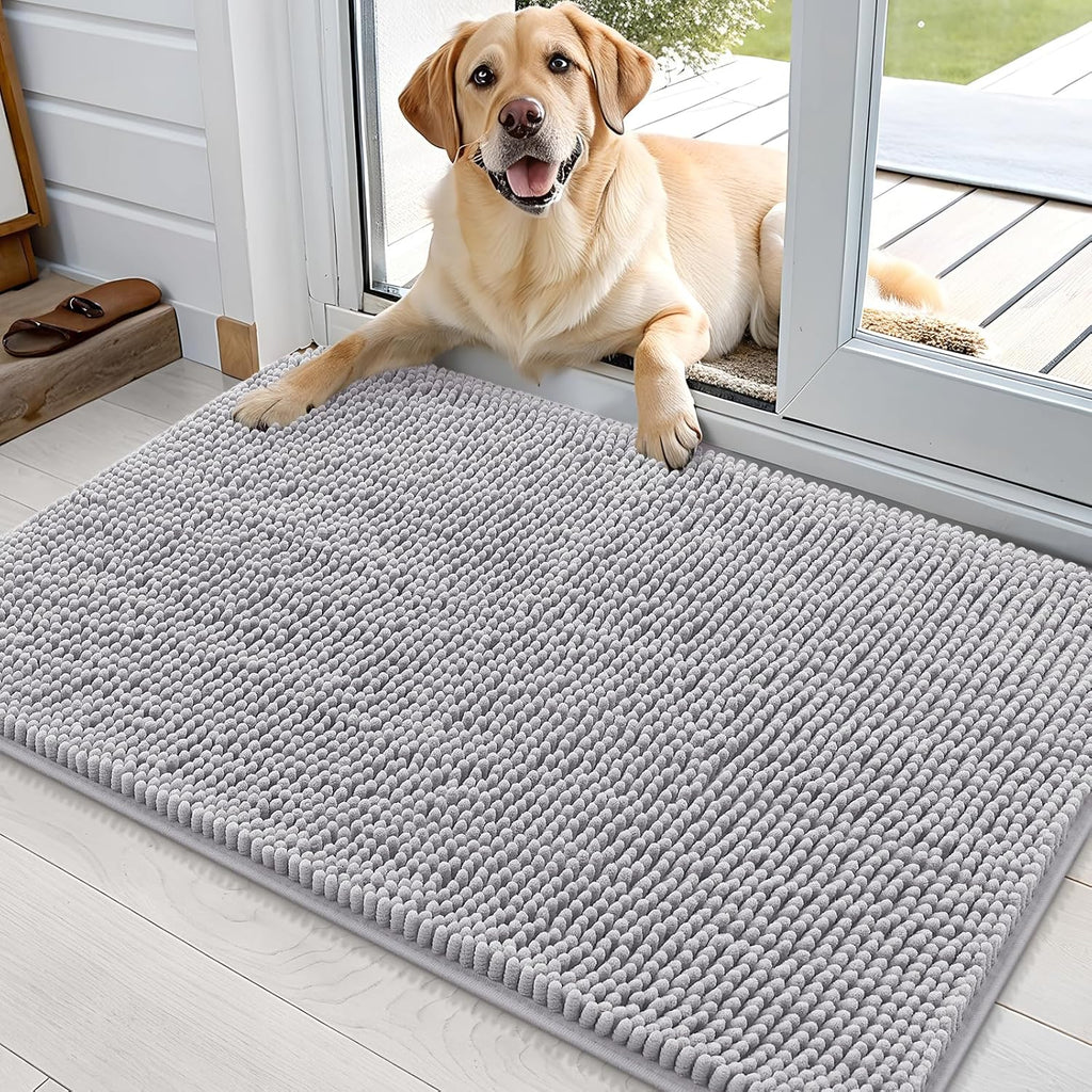 OLANLY Dog Door Mat - Absorbent Non-Slip Chenille Mat for Muddy Paws | 36x24 Light Grey Indoor Carpet