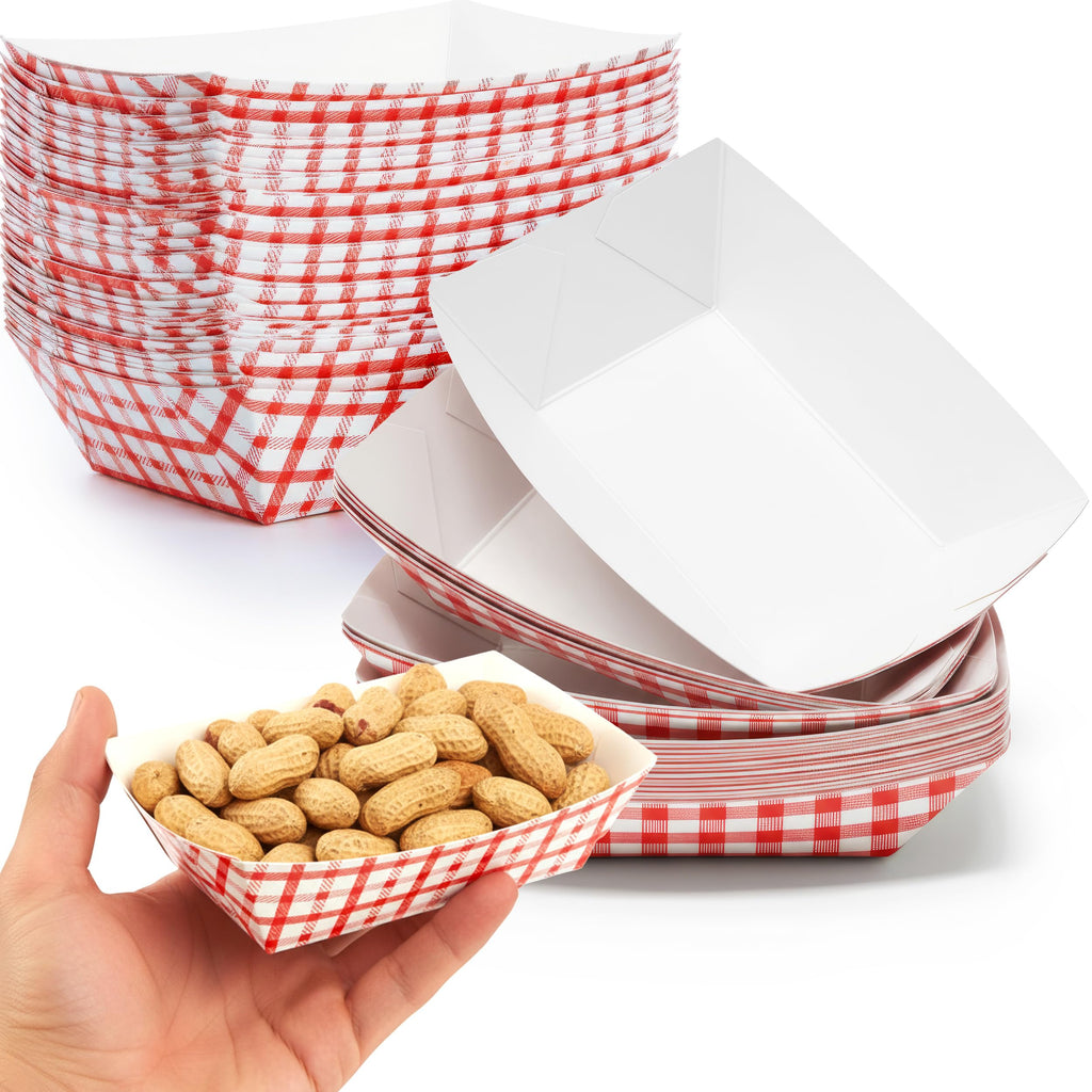 Heavy Duty, Greaseproof 1 Lb Paper Food Trays 100 Pk. Recyclable, Coated Mini Paperboard Baskets. Ideal Tray for Festival, Carnival and Concession Stand Treats Like Fries, Ice Cream and Onion Rings