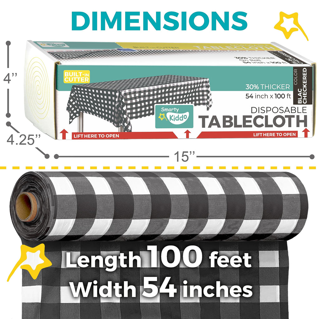Smarty Kiddo Checkered Table Cloth Plastic Disposable Tablecloth Roll 54in X 100ft with Built in Cutter Box, Table Cover for Party, Picnic, Events Tablecloths