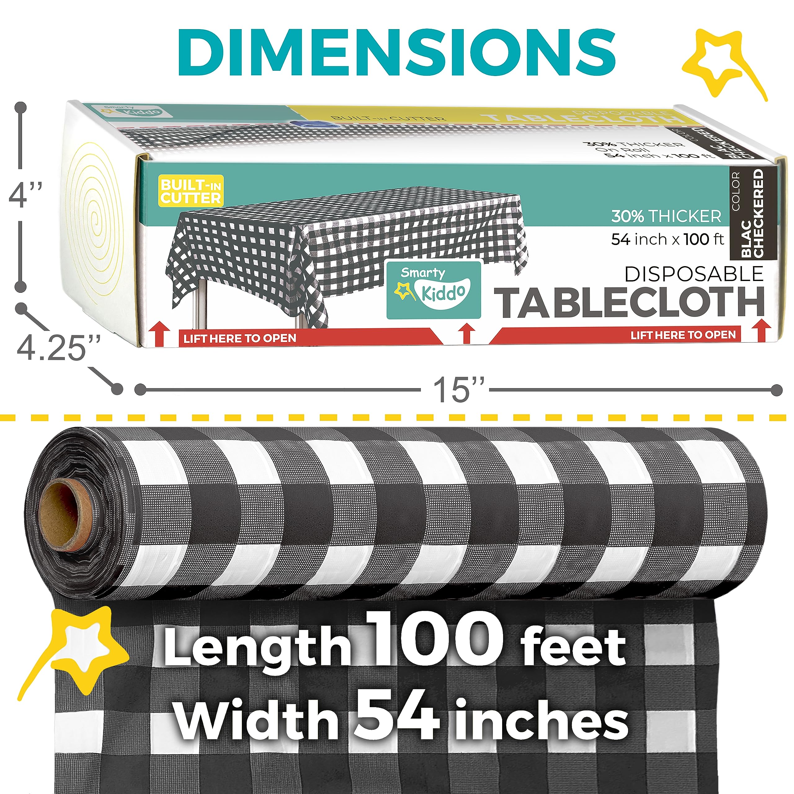 Smarty Kiddo Checkered Table Cloth Plastic Disposable Tablecloth Roll 54in X 100ft with Built in Cutter Box, Table Cover for Party, Picnic, Events Tablecloths