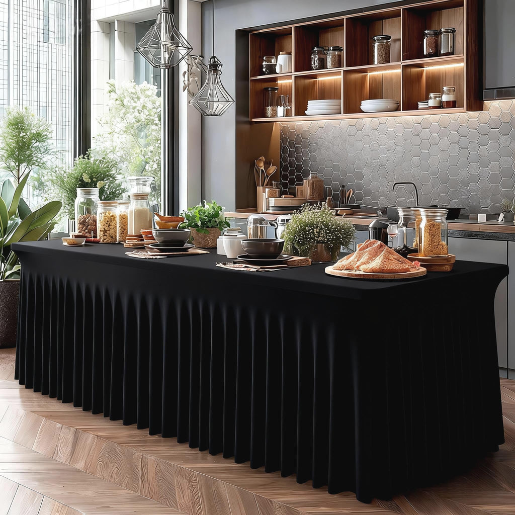 Shillance 6 Packs Black Spandex Table Covers 6 Foot, Fitted Stretch Table Cloth with Skirts 72x30 Inch, Wrinkle-Free Floor Length Rectangle Tablecloths for Trade Show Weddings Parties Banquets Events
