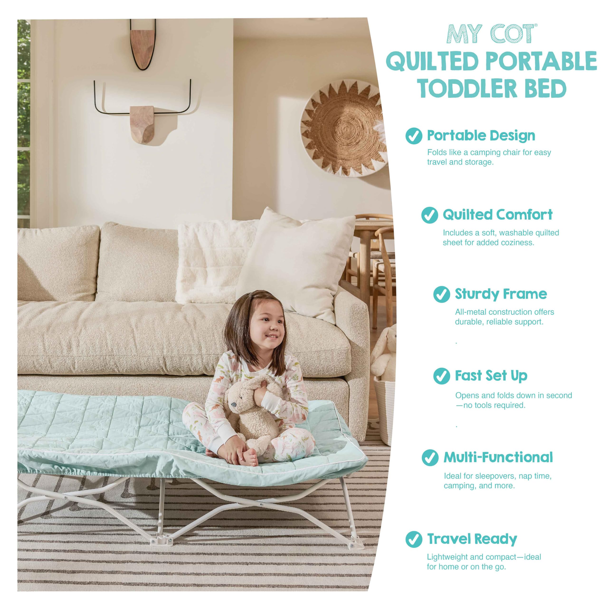 Regalo My Cot® Portable Toddler Bed with Fitted Sheet, Foldable Kids Travel Bed & Camping Cot, Includes Washable Quilted Sheet, 48” x 24.5” x 9”, Seafoam