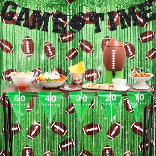 Football Party Decorations Backdrop 3.3x6.6 Ft Football Foil Fringe Curtain Sports Birthday Party Decorations Supplies with Game Time Banner