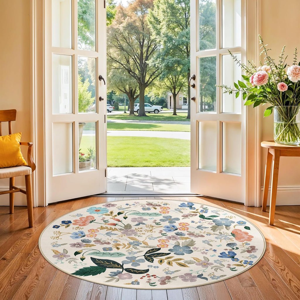 Skiennix Washable Floral Round Rug - Ultra Soft 4x4 Feet Non-Slip Area Carpet for Bedroom & Nursery | Cream