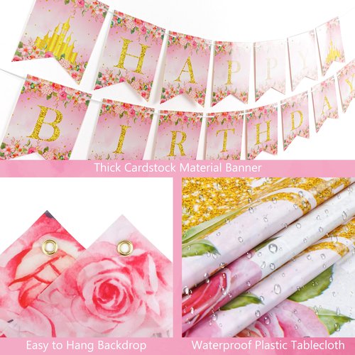 Princess Birthday Party Decorations, Pastel Floral Castle Party Supplies with Pink & Gold Balloon Arch Tulle Curtain Backdrop Banner Sash Crown Tablecloth Cake Topper for Girls Princess Party Decor