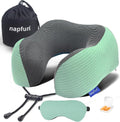 Napfun Neck Pillow - Memory Foam Travel Pillow with Sleep Mask, Earplugs & Pouch | Turquoise Striped Kit