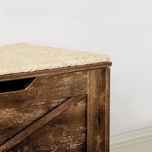 VECELO 43.3" Storage Bench, Shoe Bench with Handwoven Wicker Cushion, Ottoman Storage Trunk with Safety Hinges, Ideal for Entryway, Bedroom, Living Room, Brown
