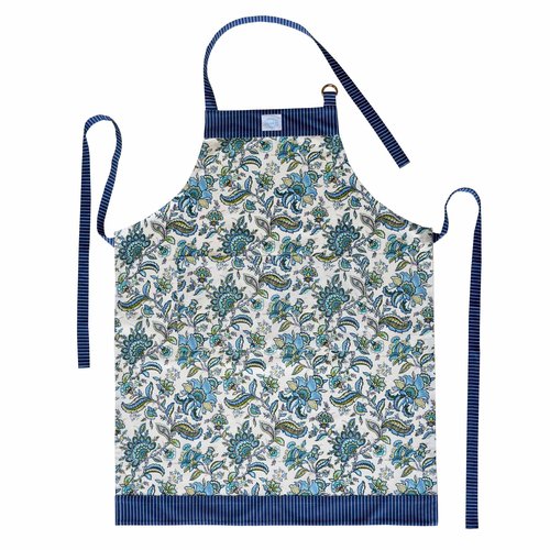 Mary DiSomma Designer Luxe Apron | Signature Floral Print Design, Navy Blue Stripe Weave, Adjustable Waist Strap, Divided Front Pocket and Adjustable Neck Strap with Gold Double Ring Clasp