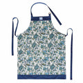 Mary DiSomma Designer Luxe Apron | Signature Floral Print Design, Navy Blue Stripe Weave, Adjustable Waist Strap, Divided Front Pocket and Adjustable Neck Strap with Gold Double Ring Clasp
