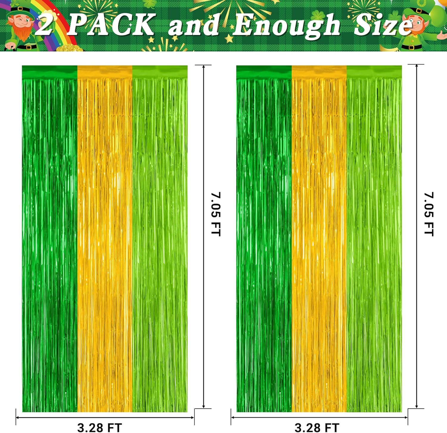 St. Patrick's Day Party Decorations - 2 Pack Green & Gold Backdrop Curtains | 3.28 FT x 7.05 FT Metallic Fringe