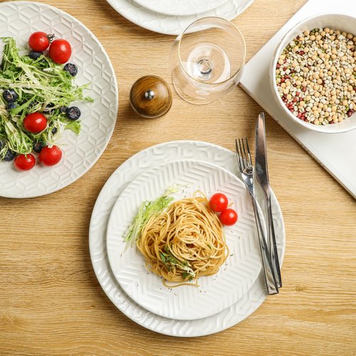 Sureasy 12-Piece Ceramic Dinnerware Set for 4 - Embossed Plates and Bowls Sets, Scratch Resistant Dish Set, Microwave, Oven & Dishwasher Safe, White