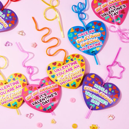 JOYIN 28 Pack Valentines Day Gift Cards with Gift Colorful Crazy Loop Reusable Drinking Straws for Classroom Exchange Prizes, Valentine Party Favors Toy