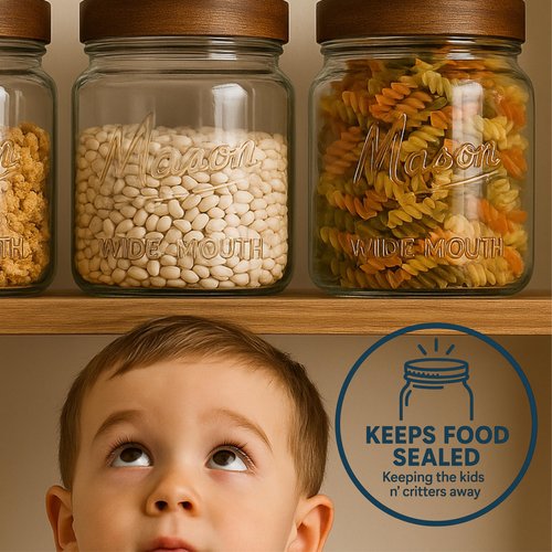 Kitchentoolz Half Gallon Glass Mason Jars with Airtight Push to Close Wooden Lids - Food Storage & Canning Jars with Measurement Markings - Pantry Containers for Flour, Sugar & Dry Goods - 64 oz (4pk)