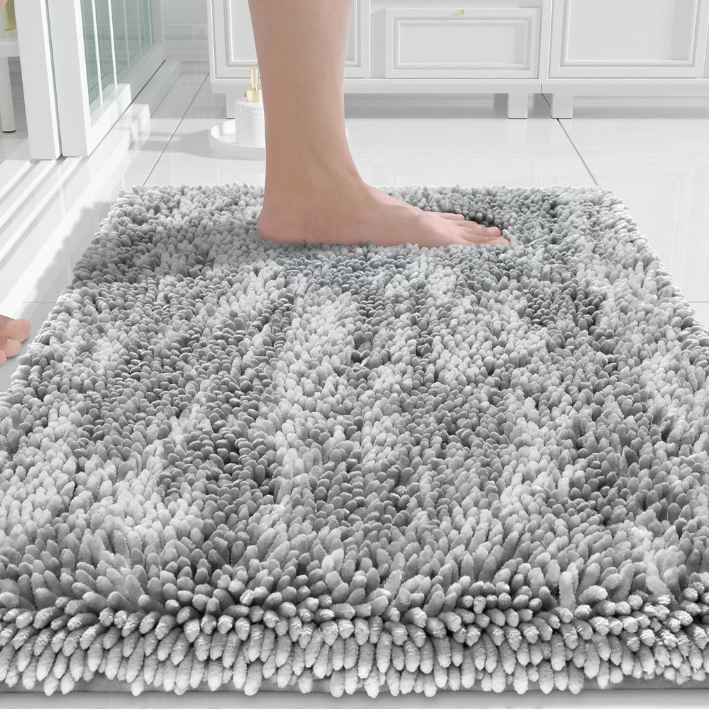 Yimobra Chenille Bathroom Rug - Extra Thick, Soft & Absorbent | Machine Washable, 24x17, Light Grey
