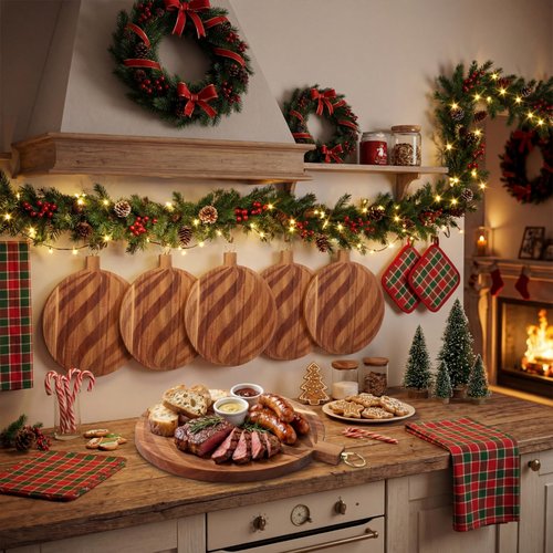 Fiwochic Set of 6 Christmas Round Cutting Boards Bulk Acacia Wood Charcuterie Cheese Serving Trays Holiday Party Platters with Engraved Swirl Stripe Pattern for Xmas Houseraming Kitchen Gifts(12 Inch)