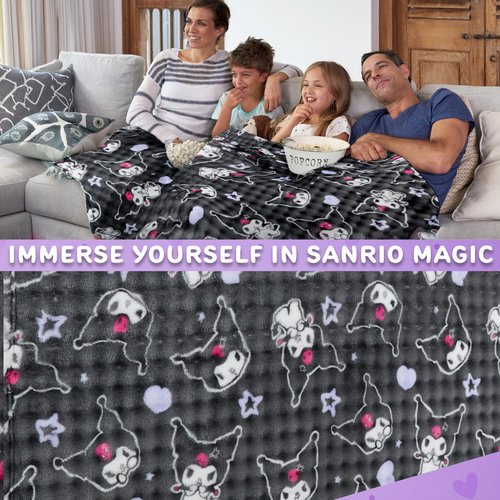 Get Trend Hello Kitty Sanrio Waffle Blanket for Girls, Teens, Women, 51 x 59 in, Kuromi Throw Blanket, Throw for Bed, Room Decor, Kawaii Gifts for Her (Grey Kuromi)