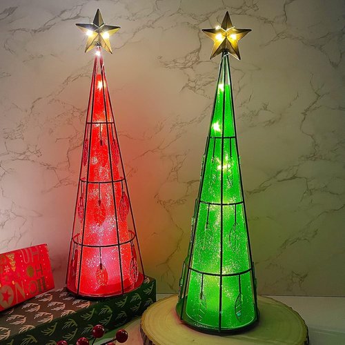 Juegoal Lighted Christmas Table Decorations - Battery Operated Cone Shaped LED Ornaments | 2 Pack, Green & Red