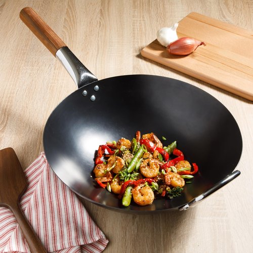 SUR LA TABLE Kitchen Essentials Quick Fire 13.5" Carbon Steel Flat Bottom Wok – Durable Nonstick Stir Fry Pan