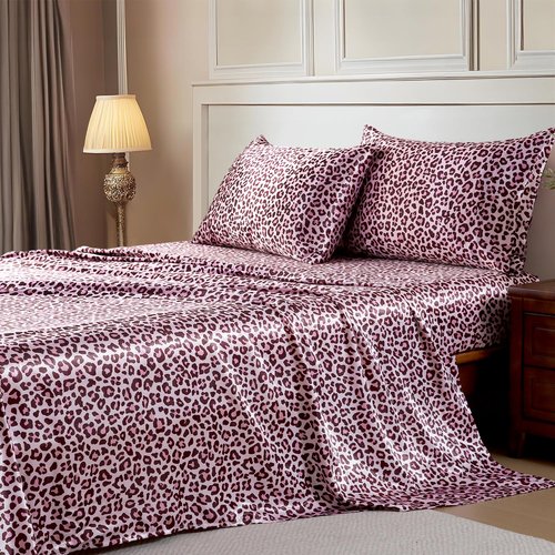MR&HM Satin Bed Sheets with Elastic Corner Straps, Queen Size Sheets Set, 4 Pcs Silky Bedding Set with 15 Inches Deep Pocket for Mattress (Queen, Pink Leopard)
