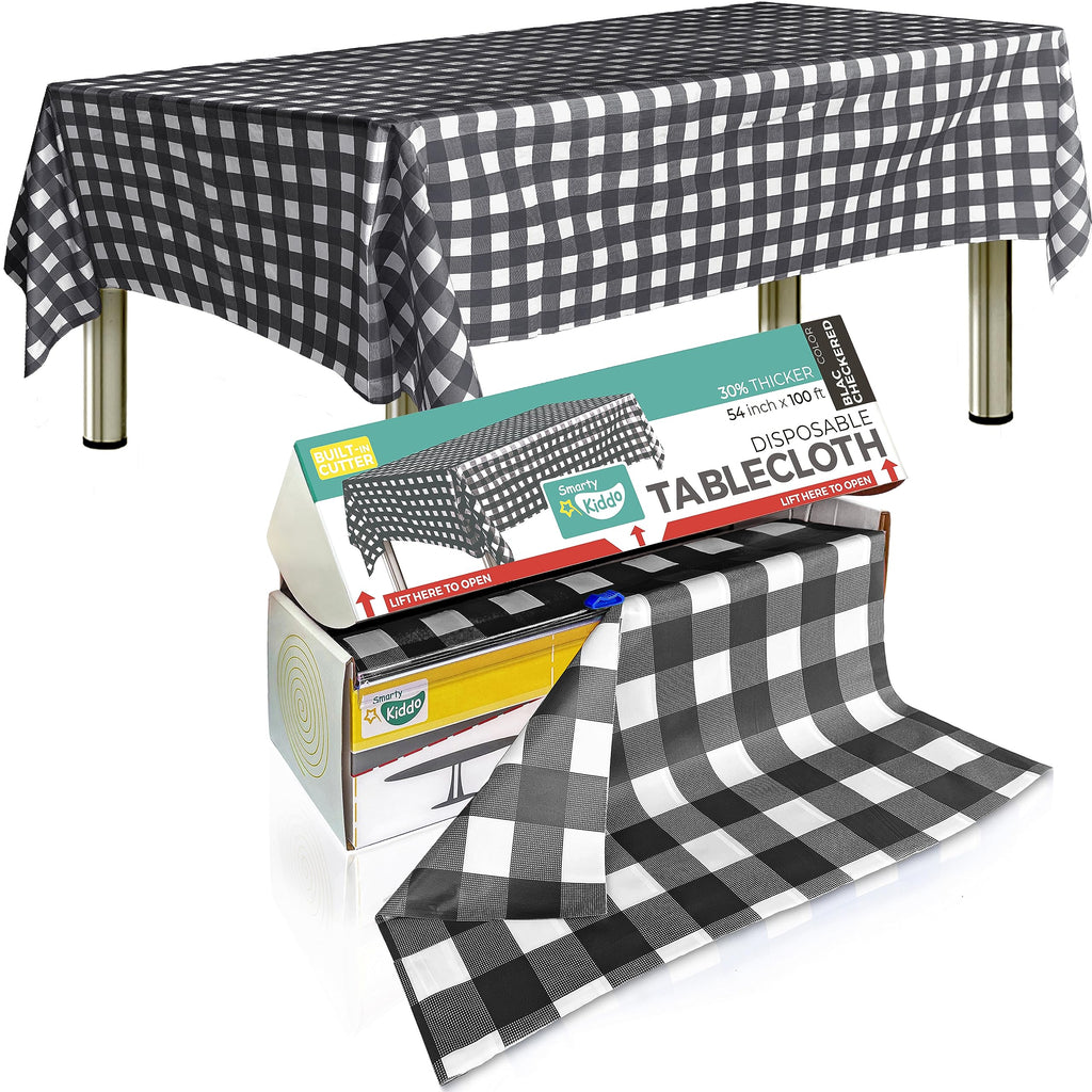 Smarty Kiddo Checkered Table Cloth Plastic Disposable Tablecloth Roll 54in X 100ft with Built in Cutter Box, Table Cover for Party, Picnic, Events Tablecloths