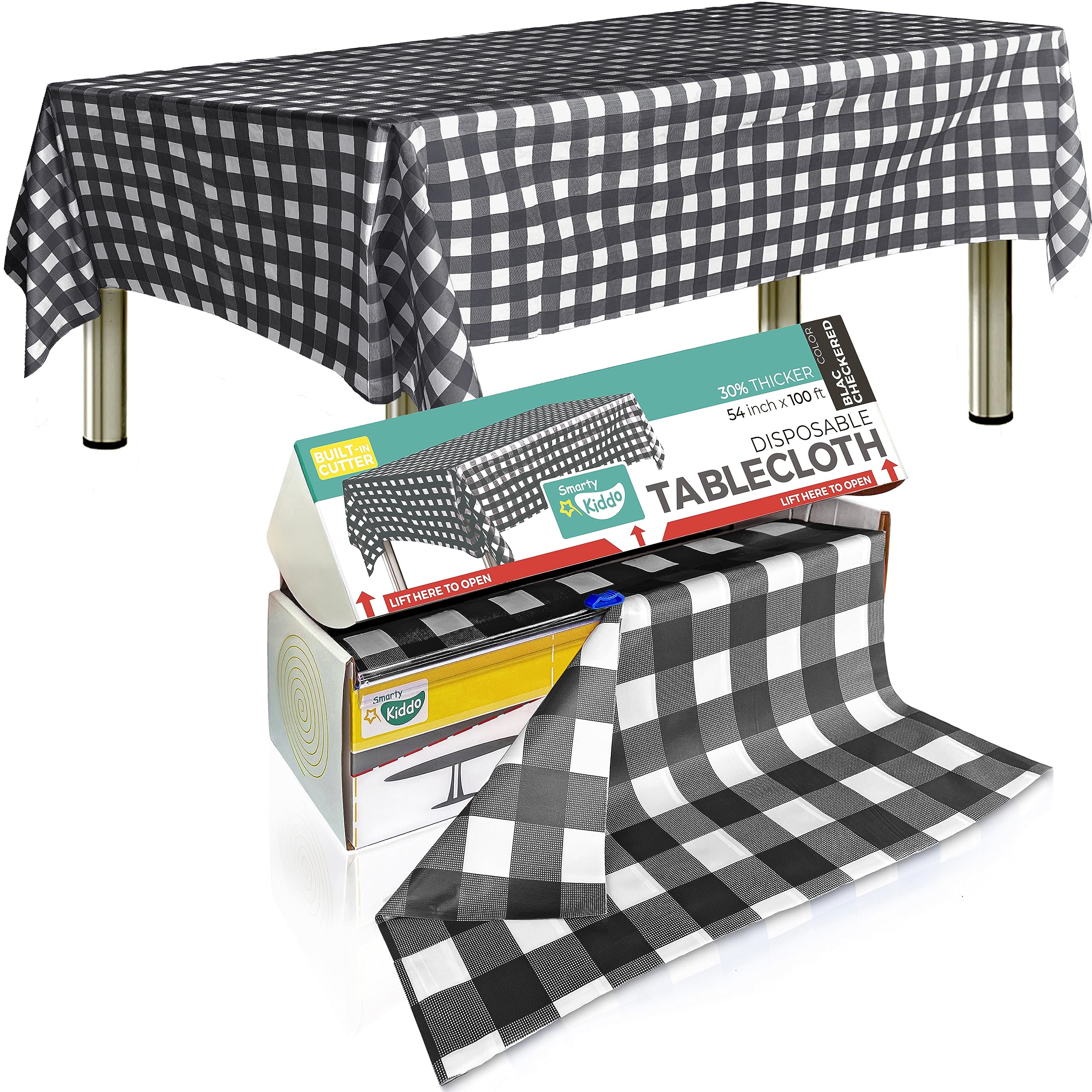 Smarty Kiddo Checkered Table Cloth Plastic Disposable Tablecloth Roll 54in X 100ft with Built in Cutter Box, Table Cover for Party, Picnic, Events Tablecloths