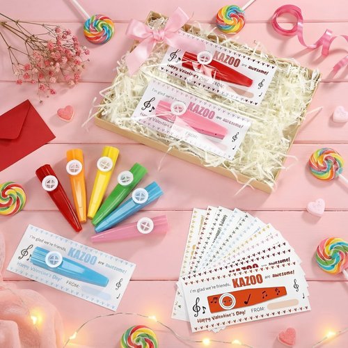 Joyfolk 24 Set Valentines Day Gifts Plastic Kazoos with Happy Valentine's Day Cards Opp Bags for Adults Fun Musical Instruments Party Favors Gift Bag Fillers Good Companion for Guitar Ukulele,6 Colors