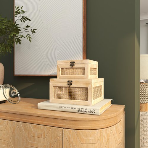 Deco 79 Wood Decorative Box Glass Top Decorative Keepsake Boxes with Rattan Side Panels and Bronze Hook Closures, Set of 2 Storage Boxes 9", 7"W, Light Brown