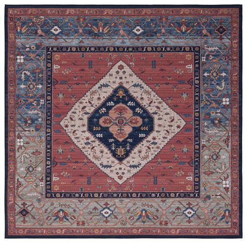SAFAVIEH Washable Rug Tucson Collection - 4' Square, Rust & Blue, Slip Resistant & Easy to Clean, Ideal for Foyer, Kitchen, Nursery, Office, Bedroom (TSN153P)