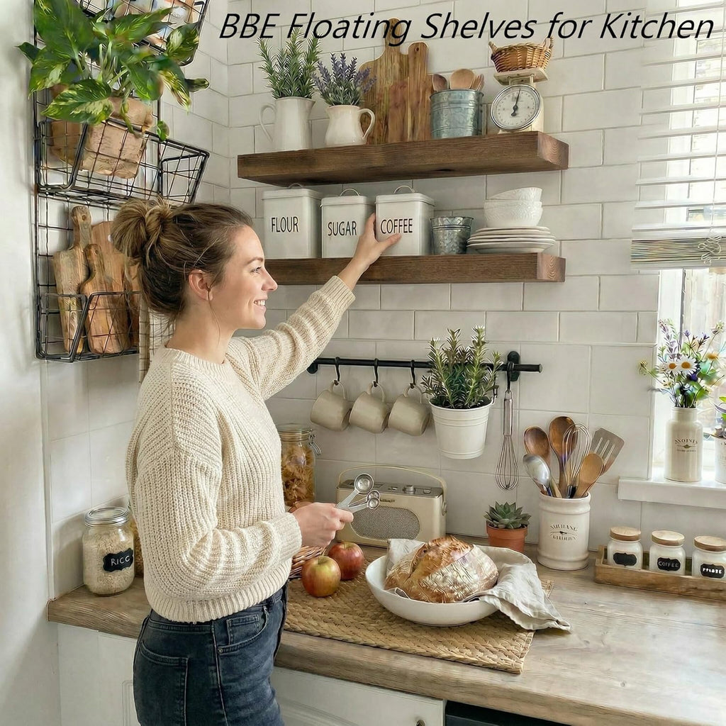 BBE Floating Shelves - Rustic Walnut Wall-Mounted Storage | 16 Inch Set of 2 for Bathroom, Living Room, Kitchen
