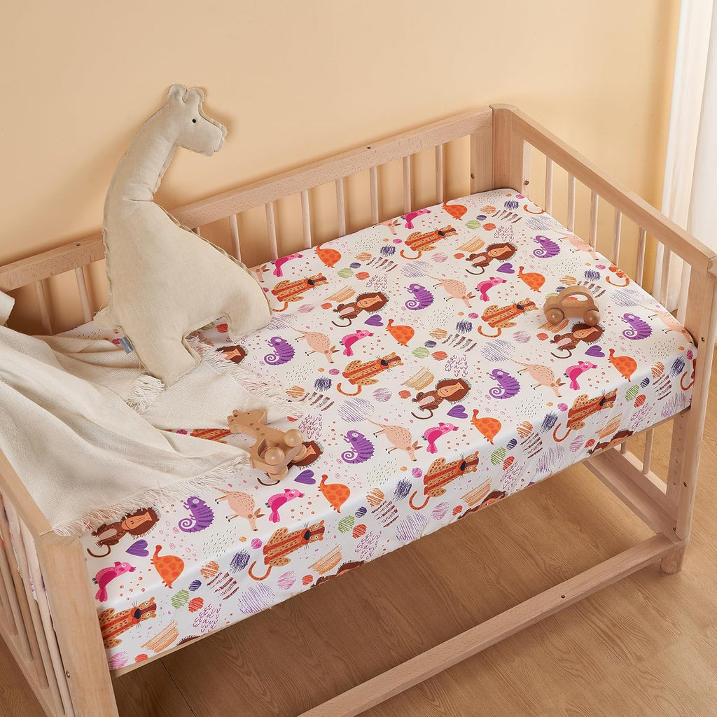 TILLYOU Baby Crib Sheets - Super Soft Toddler Bed Sheets, 2-Pack for Standard Crib Mattress 28x52in | Animal Graffiti