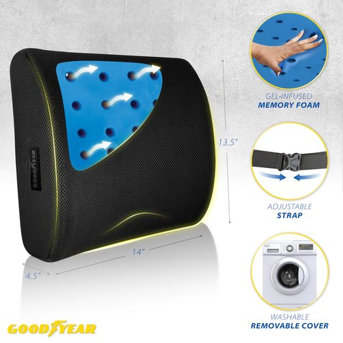 Goodyear Lumbar Support Car Seat Cushion with Cooling Gel – Accessories for Driving – Memory Foam Car Seat Lumbar Support Pillows, Office Chairs Cushion, Ergonomic Back Support, Desk Accessories