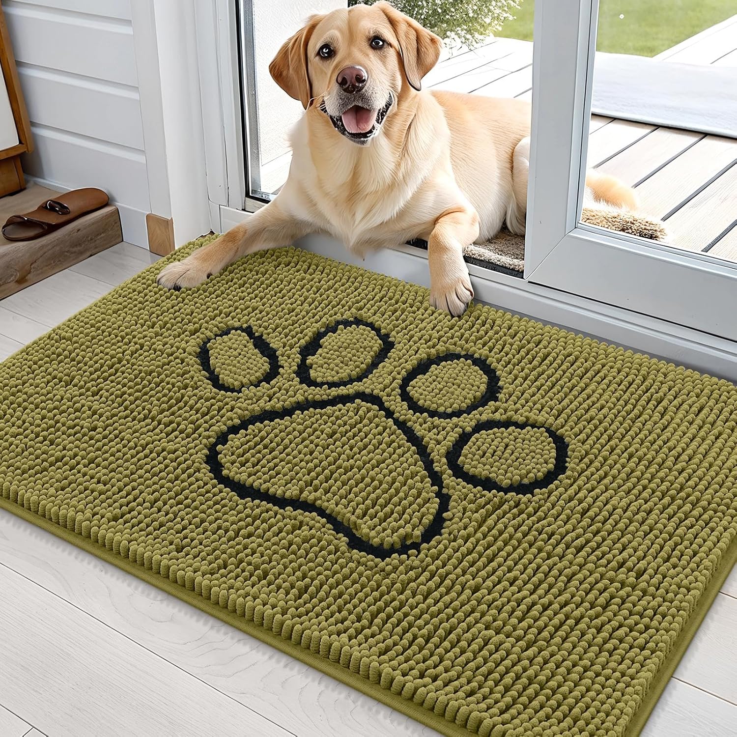 OLANLY Dog Door Mat - Absorbent Muddy Paws Doormat | Non-Slip Chenille 36x24 in Willow Green