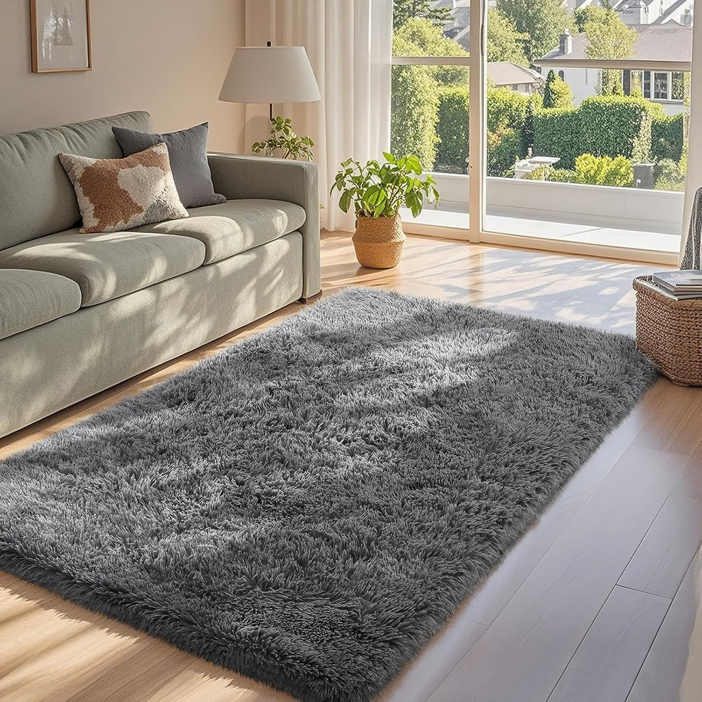 Ophanie 3x5 Non-Slip Area Rug - Fluffy Grey Carpet for Bedroom & Dorm Decor | College Essentials