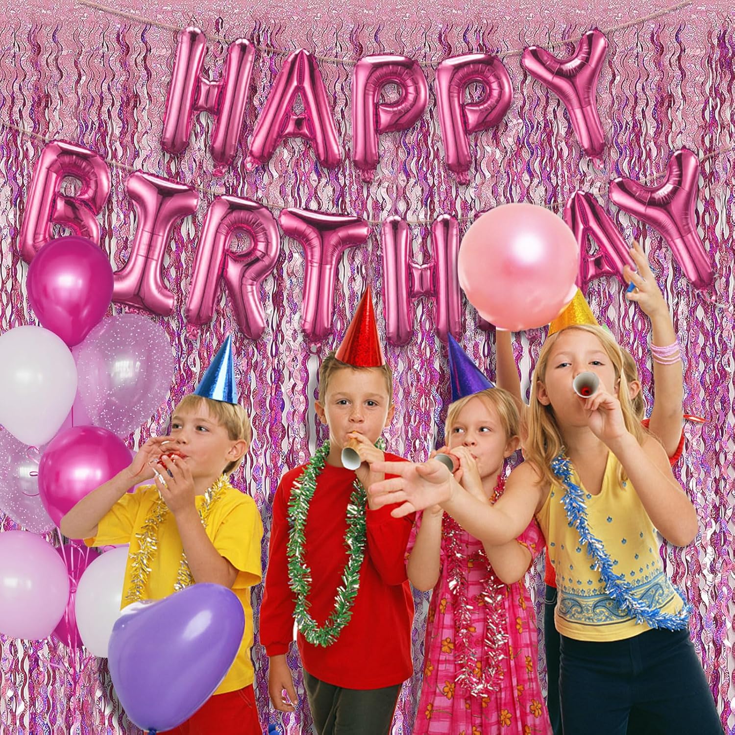 Skiennix Pink Streamers Fringe Backdrop - Metallic Tinsel Curtains for Party & Photo Booth Decor