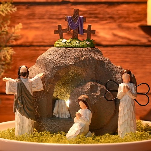 Easter Resurrection Scene with LED Lighting, Resin Empty Tomb Easter Scene for Christian Decoration, Battery Powered Religious Display with Timer, Home Office Tabletop Tray, Church, Shelf Decor