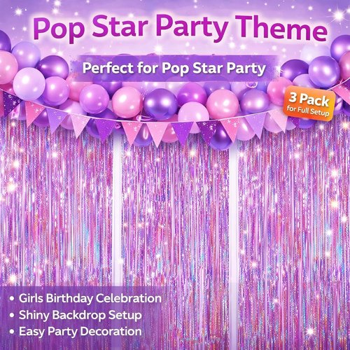 Melsan Easter Decorations - 3 Pack Pinkish Purple Tinsel Fringe Curtain Backdrop | Sparkling Metallic Party Decor for Birthdays & Weddings