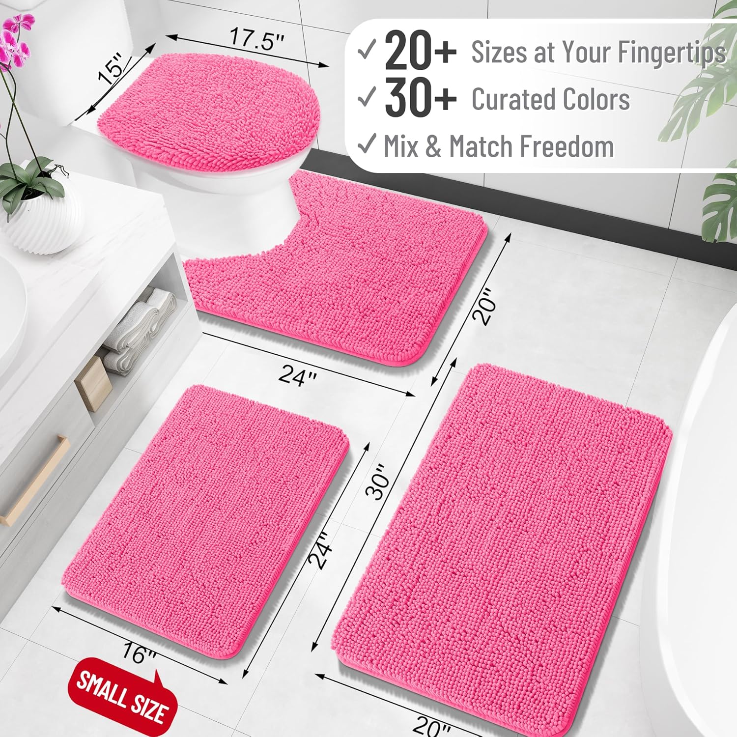 OLANLY Large Bath Rugs - Extra Soft Chenille with Rubber Backing | Quick Dry, Machine Washable, Hot Pink 59x35