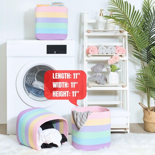 MINTWOOD Design 3-Pack 11x11in Woven Cube Storage Bin and Shelf Baskets, Cute Decorative Square Organizer for Closet, Classroom, Bathroom, Dog and Cat Toys, and Books, Pastel Rainbow